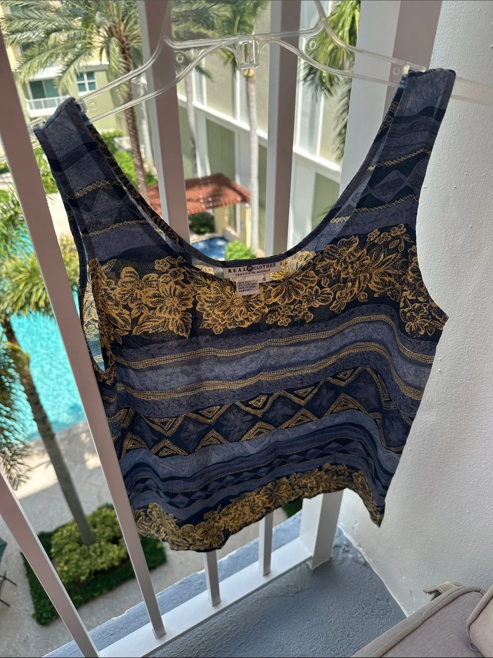 Saks Fifth Avenue Navy and Gold Floral-Stripe Sleeveless Camisole